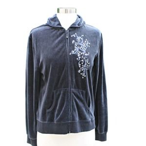 Soho Lady New York Black Velour Full Zip Hoodie w Embellishments & Pockets